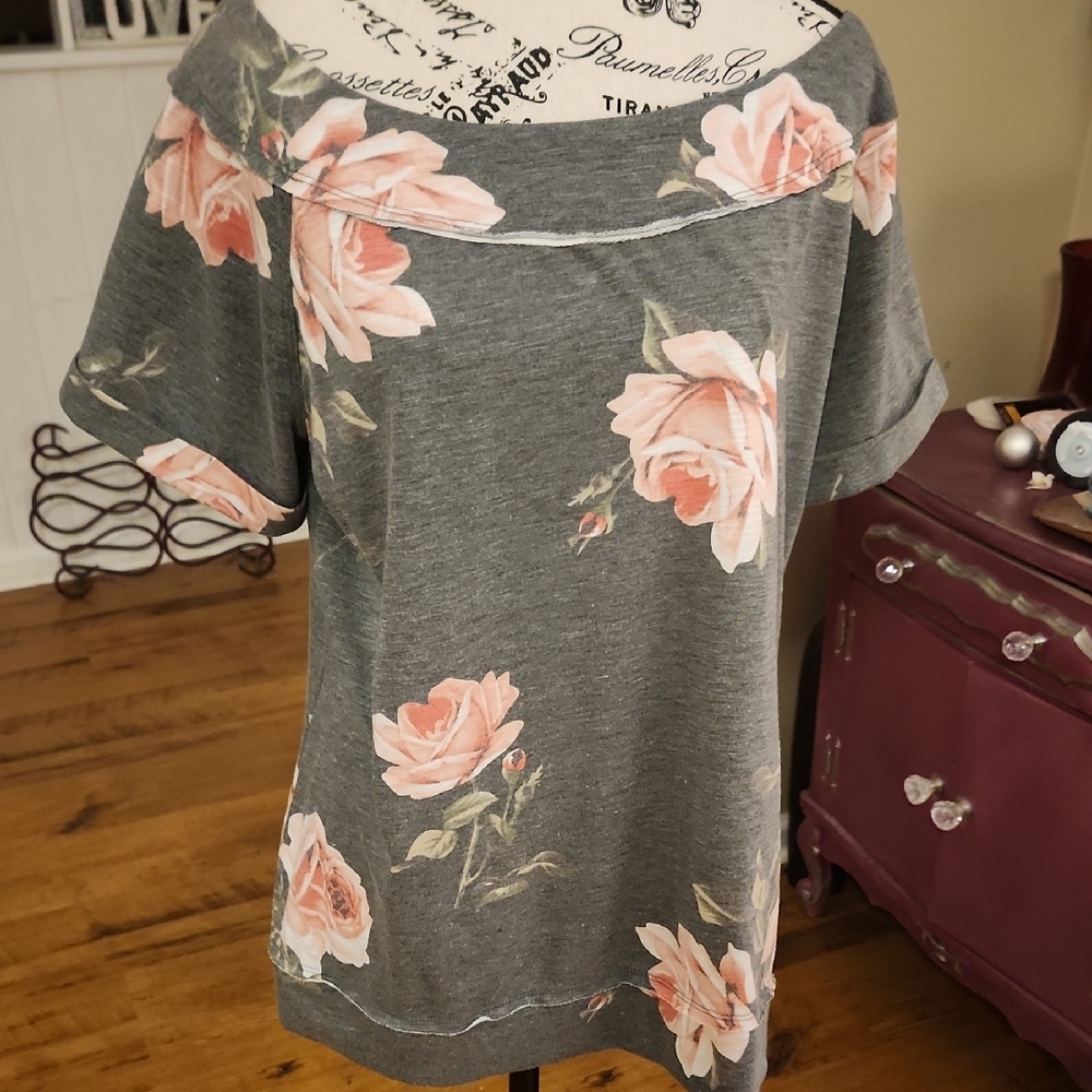 3/$20 Floral Off-Shoulder Top - Gray and Pink